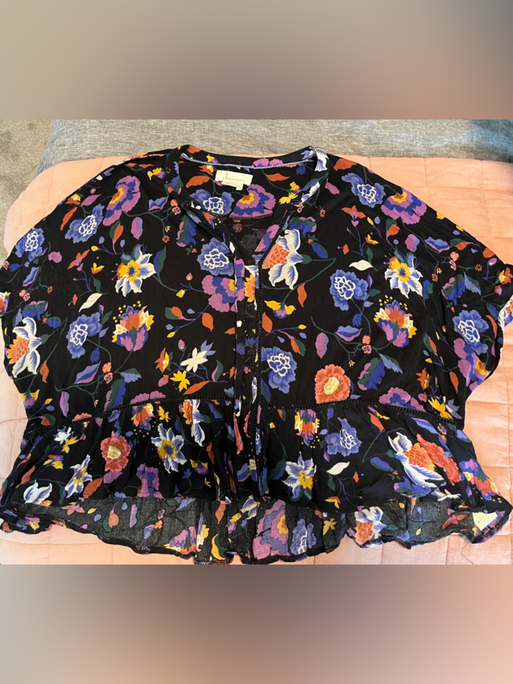 Anthropologie Black Floral Blouse with Purple, Blue, Yellow and Orange Flowers